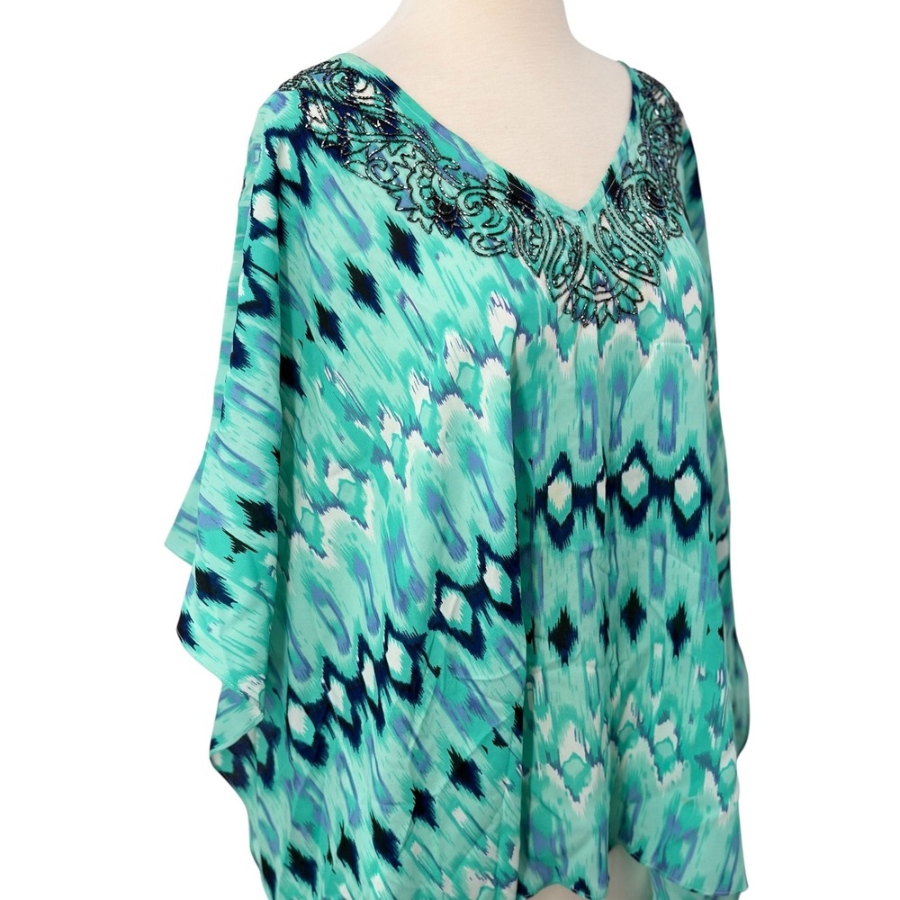Chico's Womens Teal Blue Ikat Print Beaded V-Neck Kaftan Kimono Top L/XL - Picture 2 of 8